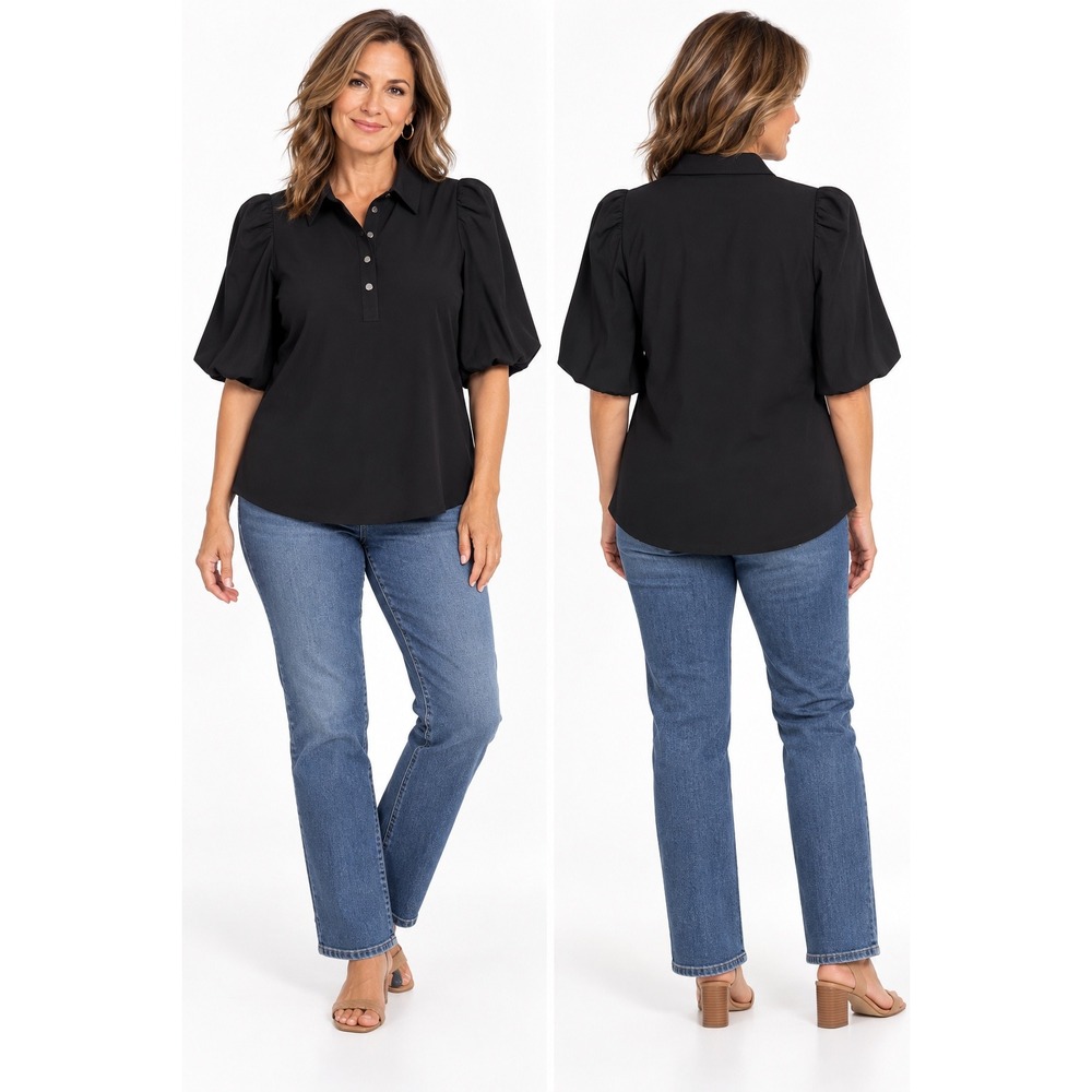 Chico's Blouse 0.5 US 6 Black Puff Sleeve Collared Button Front Stretch Modern